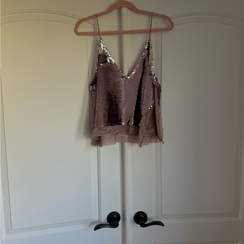 Free People Sequin V-Neck Cami Top - Pink and Silver